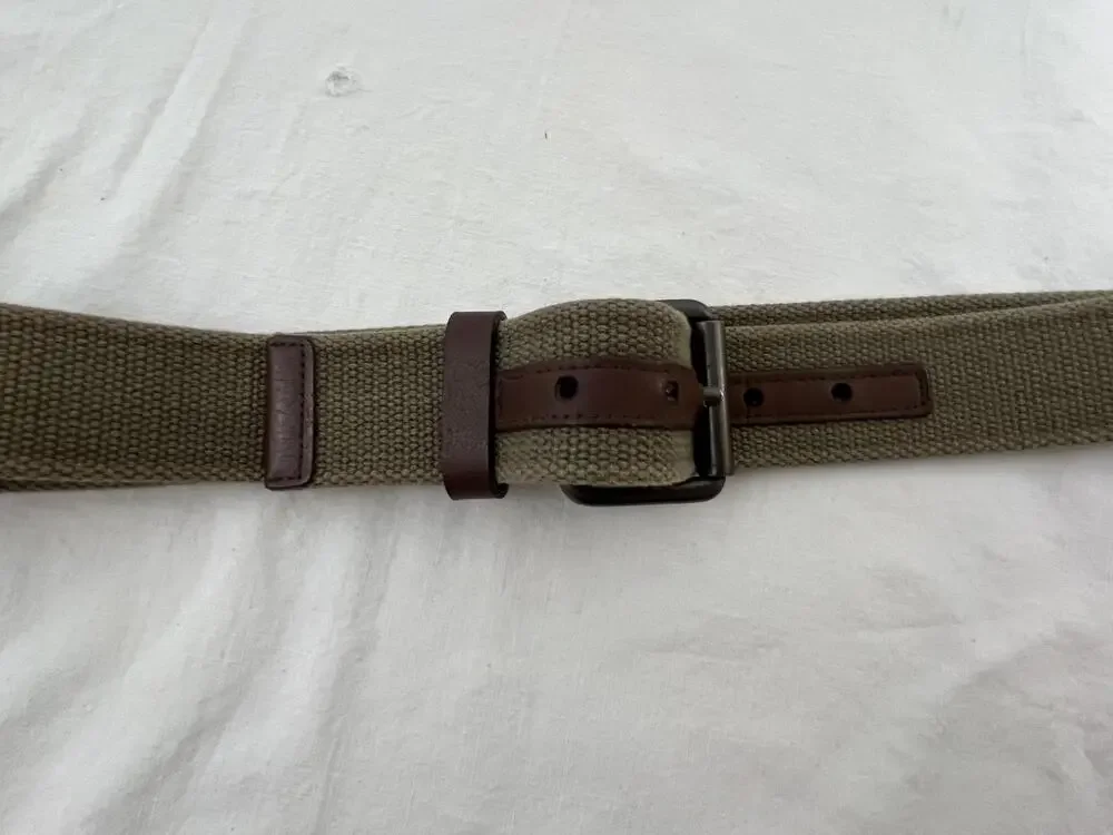Cotton Leather Belt 40 Brown Trim Military Style Buckle Army Green Beige Webbed